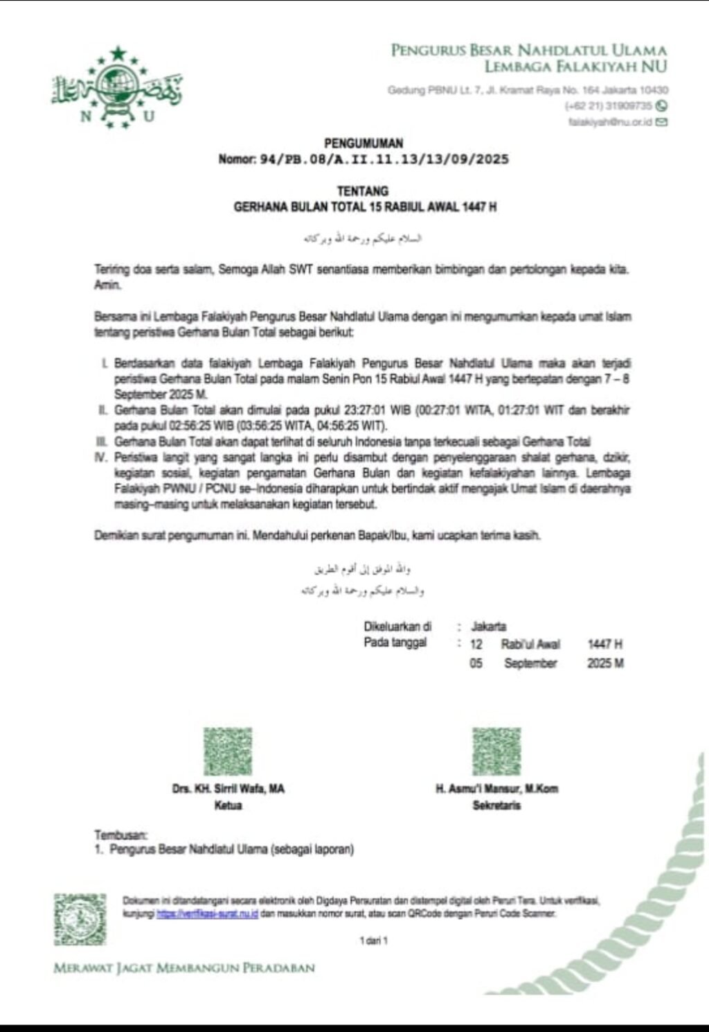 Surat edaran PBNU Gerhana Bulan Total