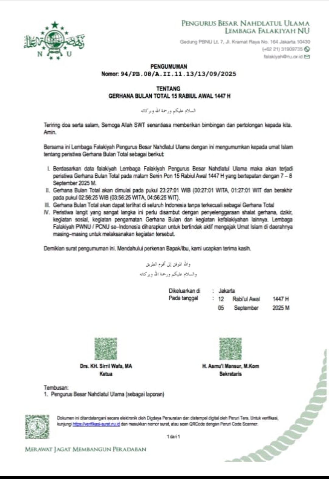 Surat edaran PBNU Gerhana Bulan Total 