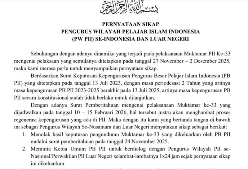 pernyataan sikap dari 20 wilayah sudah di kirimkan ke PB PII yang ditandatangani oleh beberapa wilayah