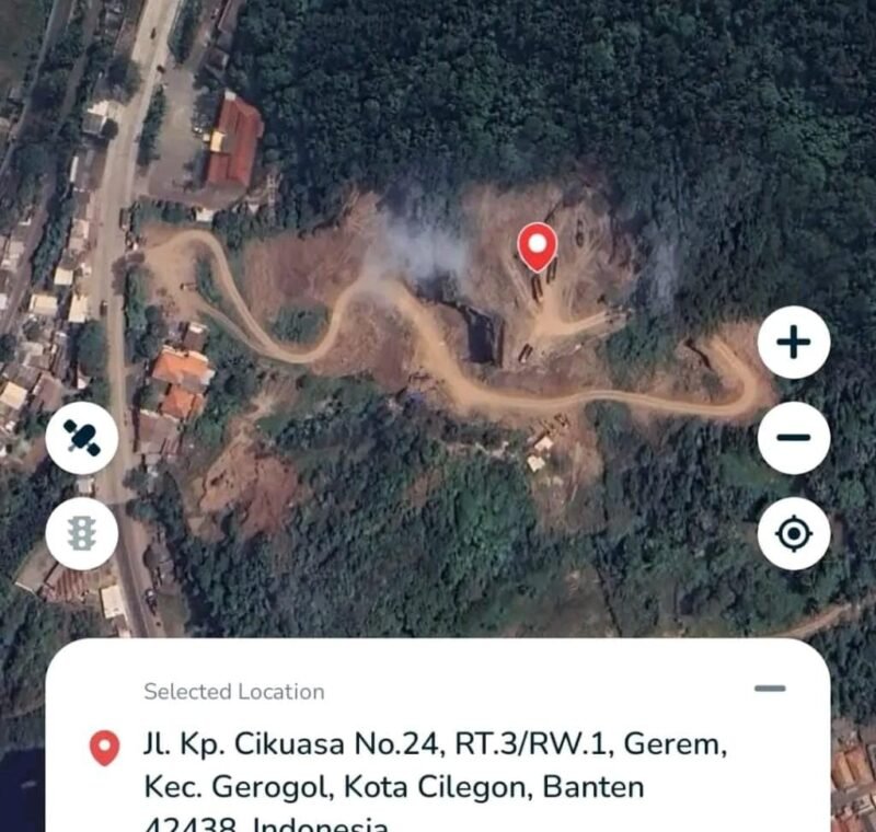 Citra satelit menunjukkan titik aktivitas galian di Jl. Kp. Cikuasa No. 24, Gerem, Grogol, Cilegon, yang kini tengah menjadi perhatian publik