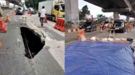 ‎Jalan Sholeh Iskandar Bogor Macet Total Akibat 'Sinkhole' Ditengah Jalan (foto/istimewa).