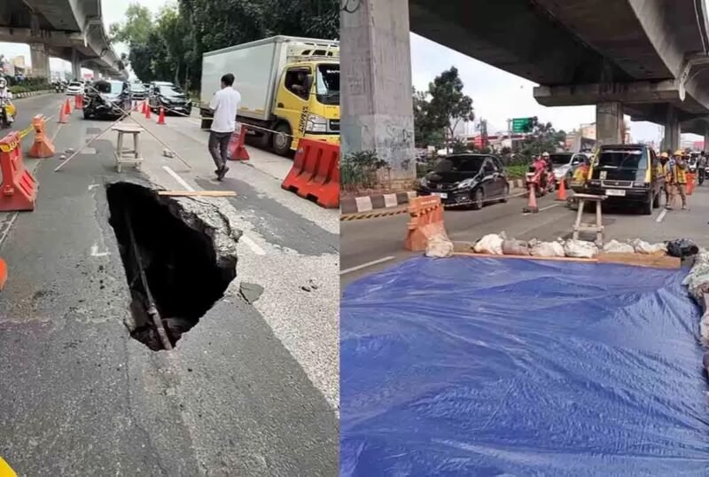 ‎Jalan Sholeh Iskandar Bogor Macet Total Akibat 'Sinkhole' Ditengah Jalan (foto/istimewa).