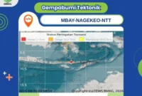 Peta peringatan dini tsunami BMKG pascagempa berkekuatan magnitudo 7,7 yang berpusat di sekitar Mbay, Kabupaten Nagekeo, NTT, Sabtu (15/8/2026). (Foto: BMKG NTT)