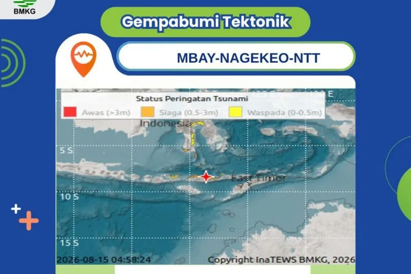 Peta peringatan dini tsunami BMKG pascagempa berkekuatan magnitudo 7,7 yang berpusat di sekitar Mbay, Kabupaten Nagekeo, NTT, Sabtu (15/8/2026). (Foto: BMKG NTT)