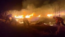 Petugas pemadam kebakaran berupaya memadamkan api di kawasan Gunung Bromo sebelah Probolinggo, Jawa Timur, Sabtu (8/8/2026). (Sumber: BPBD Jawa Timur via AP)