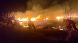 Petugas pemadam kebakaran berupaya memadamkan api di kawasan Gunung Bromo sebelah Probolinggo, Jawa Timur, Sabtu (8/8/2026). (Sumber: BPBD Jawa Timur via AP)