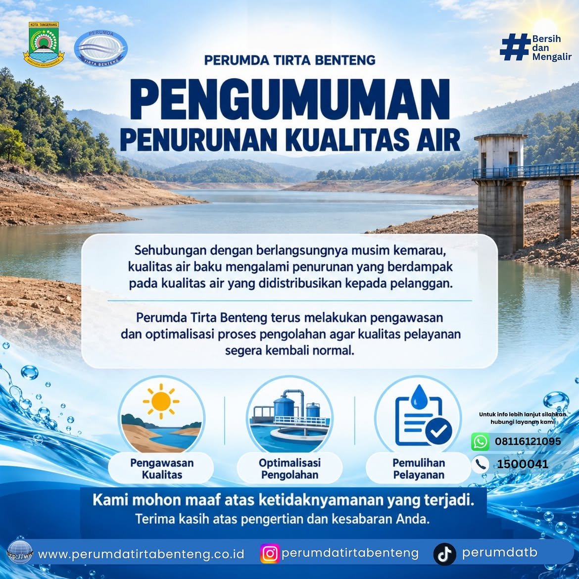 Perumda Tirta Benteng Kota Tangerang menyampaikan pengumuman terkait penurunan kualitas air akibat musim kemarau. (Sumber: Ig/@perumdatirtabenteng)